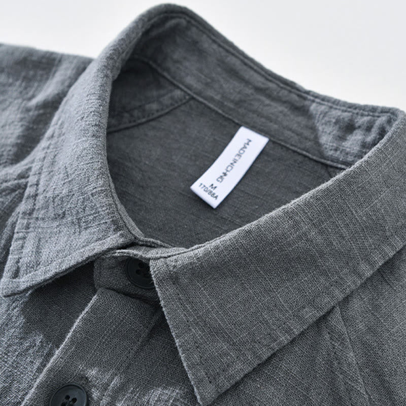 Camicia a maniche lunghe con risvolto e tasche in cotone ramiè tinta unita da uomo Buddha Stones - image 7