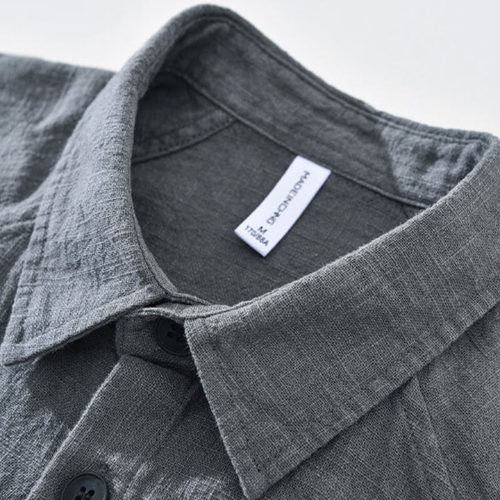 Camicia a maniche lunghe con risvolto e tasche in cotone ramiè tinta unita da uomo Buddha Stones - image 7