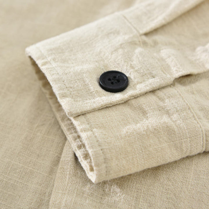 Camicia a maniche lunghe con risvolto e tasche in cotone ramiè tinta unita da uomo Buddha Stones - image 4