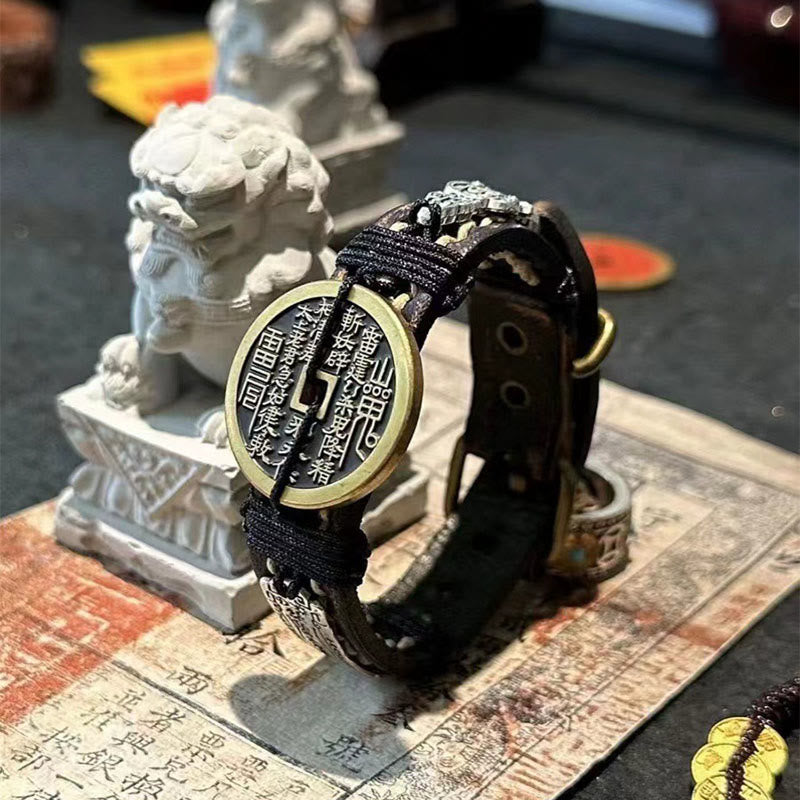 Bracciale con cinturino in pelle per orologio, Buddha Stones , fantasmi della montagna Pixiu, spendi soldi e portafortuna  - I fantasmi della montagna spendono soldi e PiXiu (circonferenza del polso: 15-18 cm) - image 0