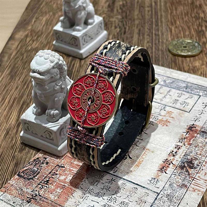 Bracciale con cinturino in pelle per orologio, benedizione, Buddha Stones, cinabro, loto, Om Mani Padme Hum  - Om Mani Padme Hum e Cinabro (Circonferenza del polso: 15-18 cm) - image 0