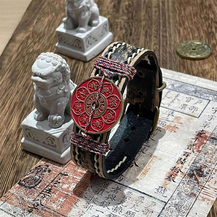 Bracciale con cinturino in pelle per orologio, benedizione, Buddha Stones, cinabro, loto, Om Mani Padme Hum  - Om Mani Padme Hum e Cinabro (Circonferenza del polso: 15-18 cm) - image 0