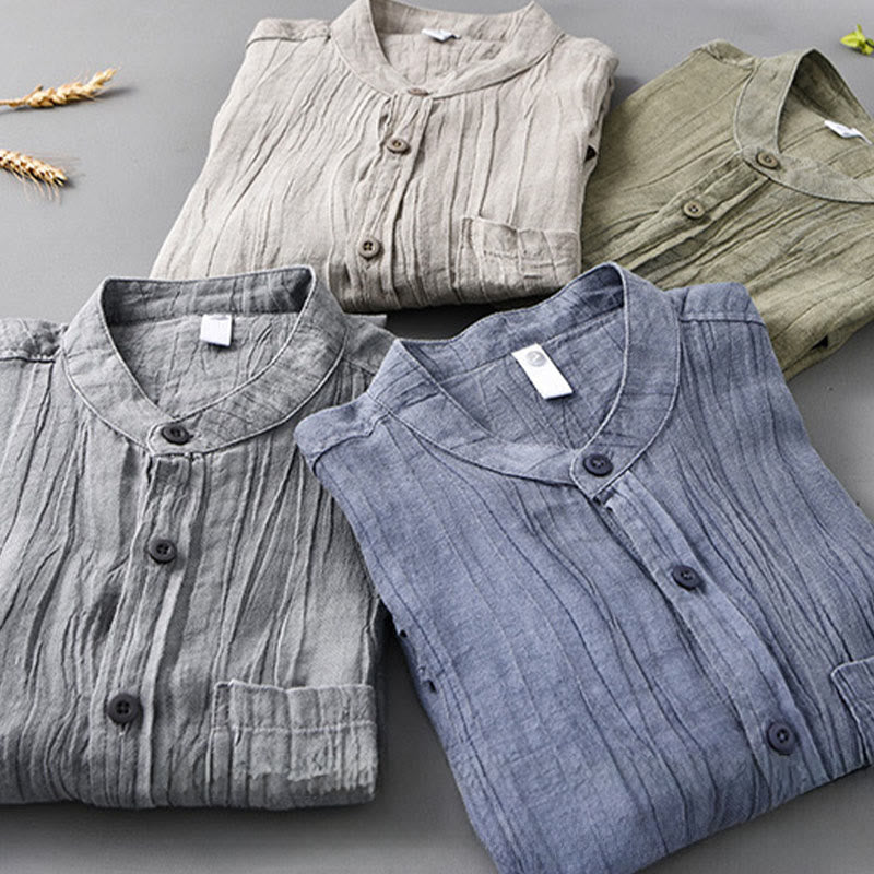 Camicie da uomo in lino ramiè con bottoni, maniche lunghe e pieghe, motivo Buddha Stones - image 1