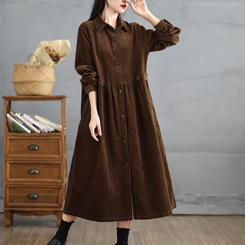 Cappotto da donna in velluto a coste di cotone con tasche e bottoni semplici, a maniche lunghe, Buddha Stones - Marrone sella - US12, UK/AU16, EU44 (2XL) - image 0