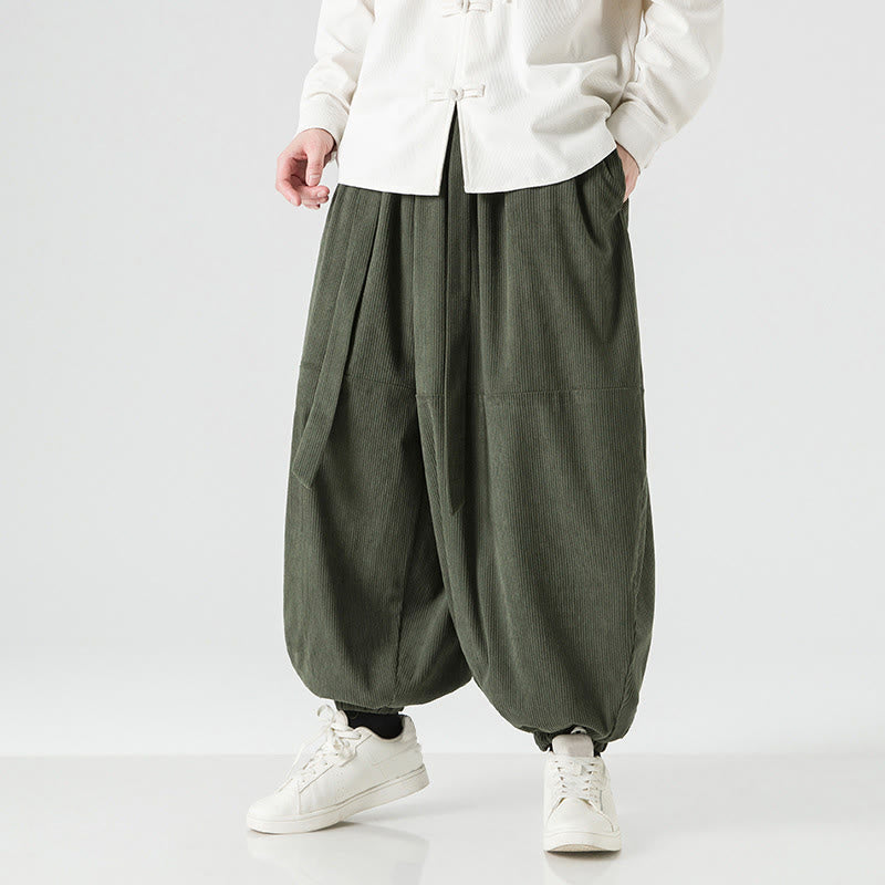 Pantaloni da uomo in velluto a coste di puro cotone con tasche, modello Harem, tinta unita, invernali, Buddha Stones - image 2