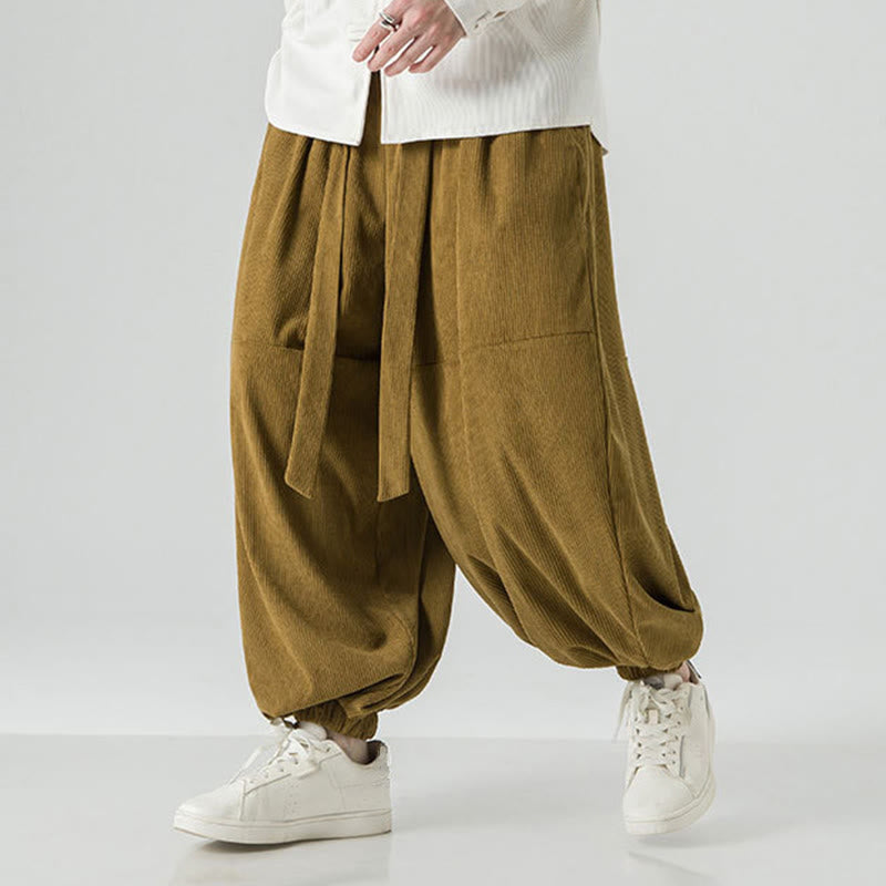 Pantaloni da uomo in velluto a coste di puro cotone con tasche, modello Harem, tinta unita, invernali, Buddha Stones - image 18