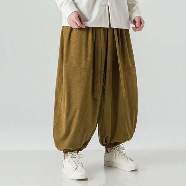 Pantaloni da uomo in velluto a coste di puro cotone con tasche, modello Harem, tinta unita, invernali, Buddha Stones - image 22