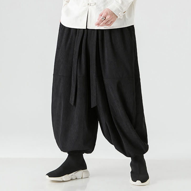 Pantaloni da uomo in velluto a coste di puro cotone con tasche, modello Harem, tinta unita, invernali, Buddha Stones - image 12