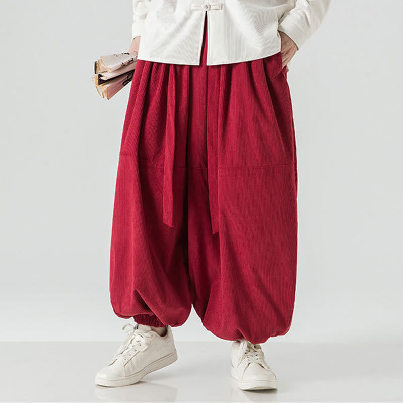 Pantaloni da uomo in velluto a coste di puro cotone con tasche, modello Harem, tinta unita, invernali, Buddha Stones - image 26