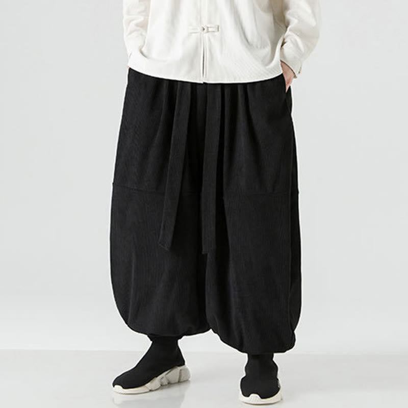 Pantaloni da uomo in velluto a coste di puro cotone con tasche, modello Harem, tinta unita, invernali, Buddha Stones - image 10