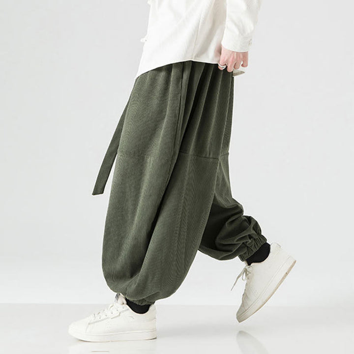 Pantaloni da uomo in velluto a coste di puro cotone con tasche, modello Harem, tinta unita, invernali, Buddha Stones - image 5