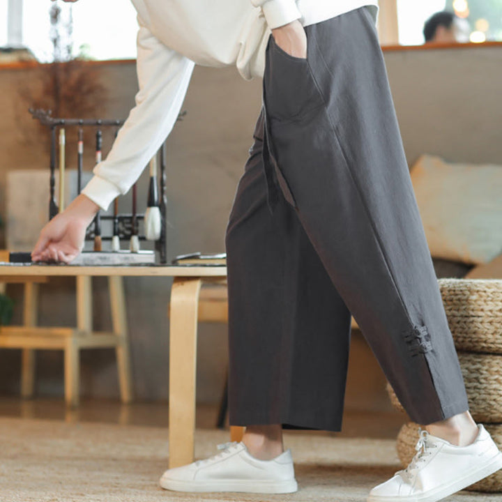 Pantaloni larghi da uomo in cotone con tasche, coulisse, bottoni cinesi e rana, modello Buddha Stones Fall - image 8
