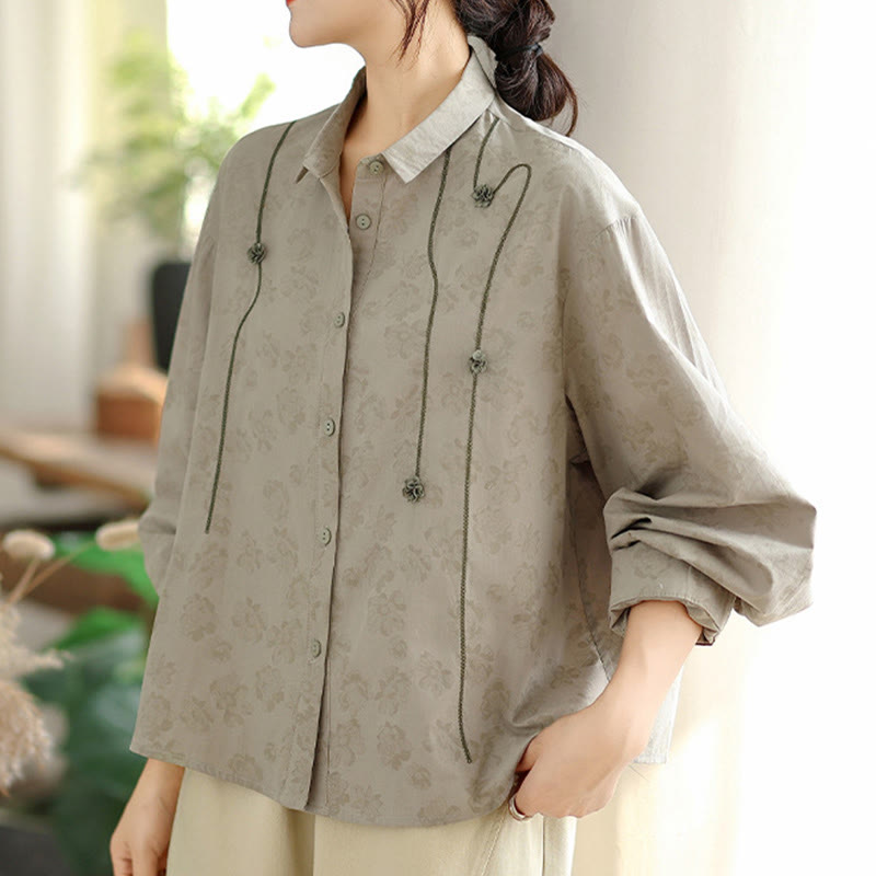 Camicia casual da donna in poliestere a maniche lunghe con fiori ricamati Buddha Stones - image 2