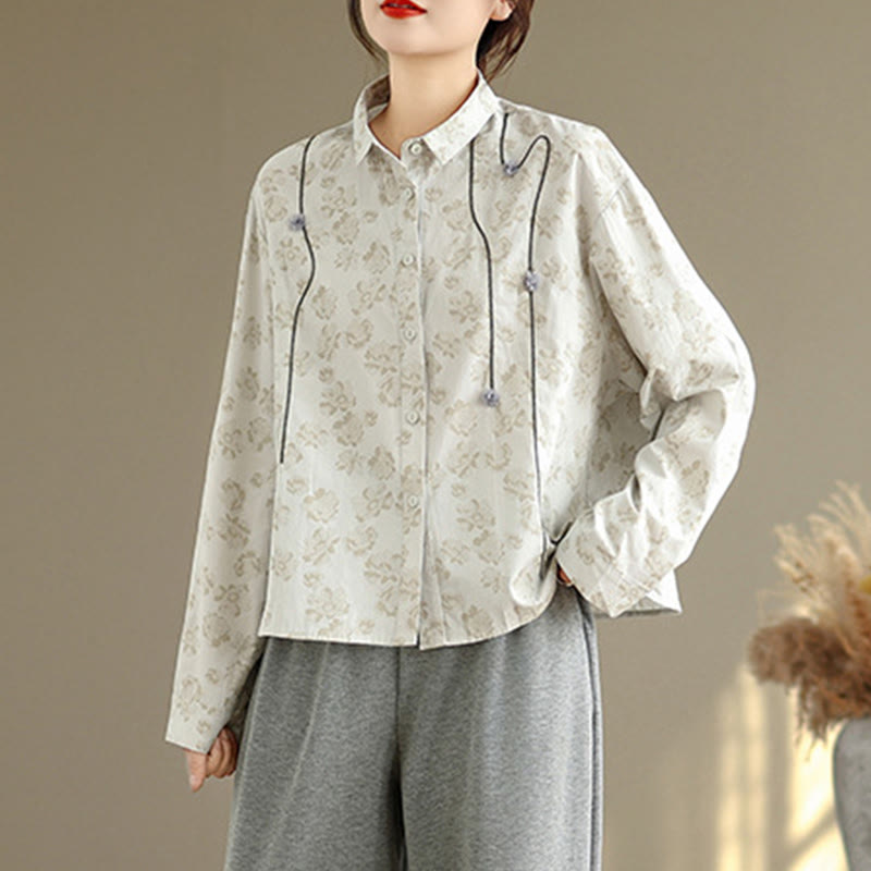 Camicia casual da donna in poliestere a maniche lunghe con fiori ricamati Buddha Stones - image 8