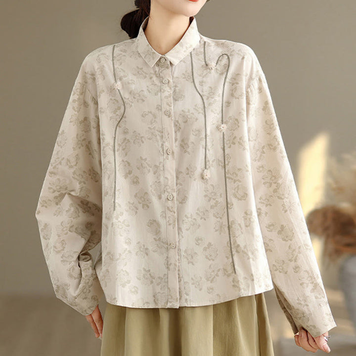 Camicia casual da donna in poliestere a maniche lunghe con fiori ricamati Buddha Stones - image 17