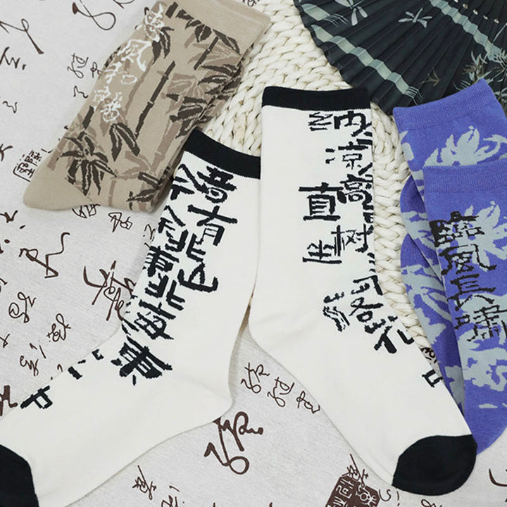 Calzini da donna in cotone micro con motivo floreale e calligrafia cinese Buddha Stones - image 31