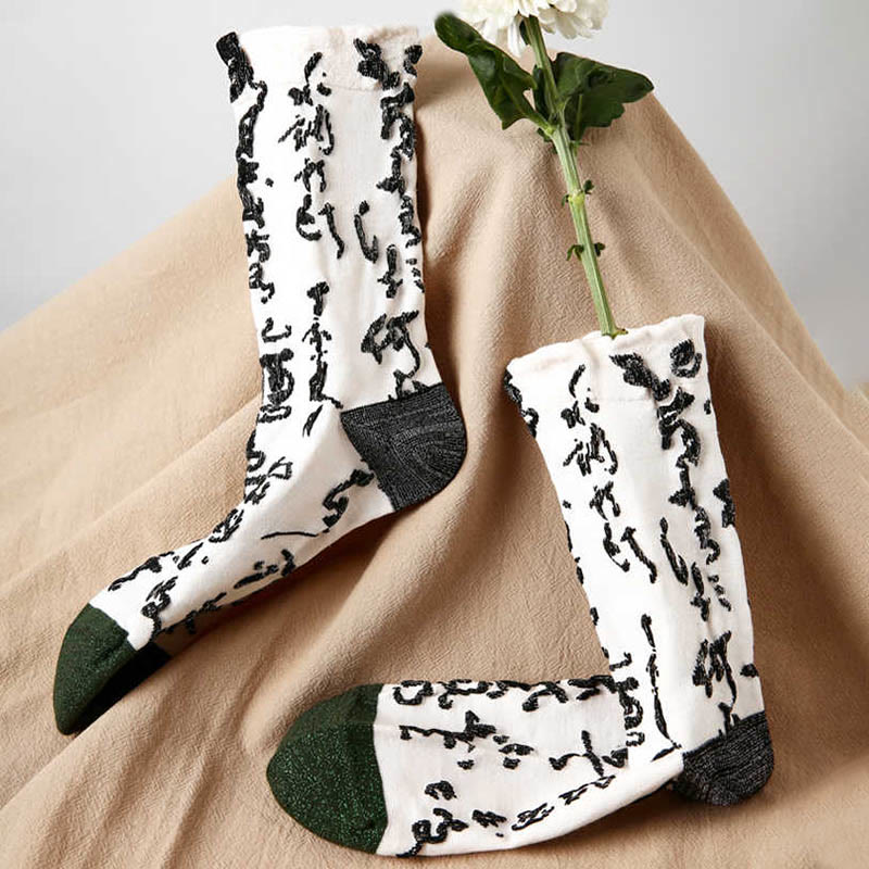 Calzini da donna in cotone micro Crew con motivo di calligrafia cinese Buddha Stones , abbinati ai colori - Bianco - Taglia unica (US4,EU35–40,UK/AU2,5-7,Asia22,5-25 cm) - image 0