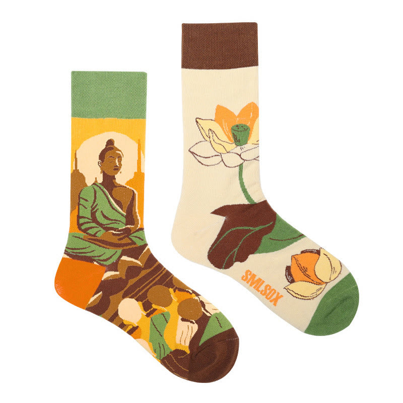 Calzini da donna casual con motivo meditativo Buddha Stones, motivo Buddha Lotus Dragonfly Micro Crew - Beige - SM (US 5,5-11,5, EU 36-42, UK/AU 3,5-9,Asia 23-26,5 cm) - image 0