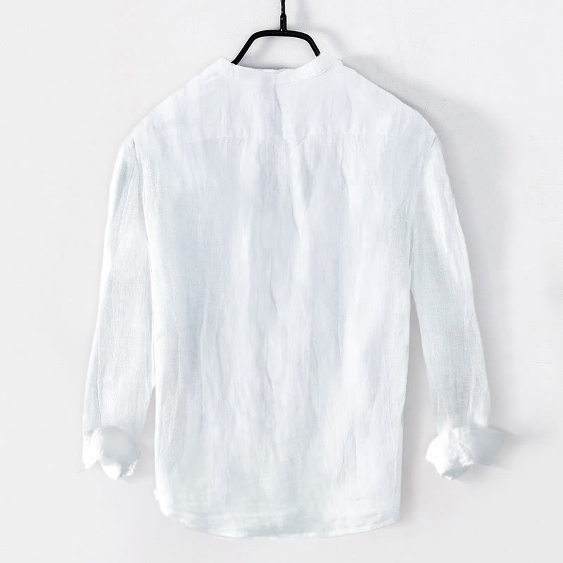 Camicia a maniche lunghe con bottoni a tinta unita in cotone e lino, abbigliamento da uomo Buddha Stones - image 11