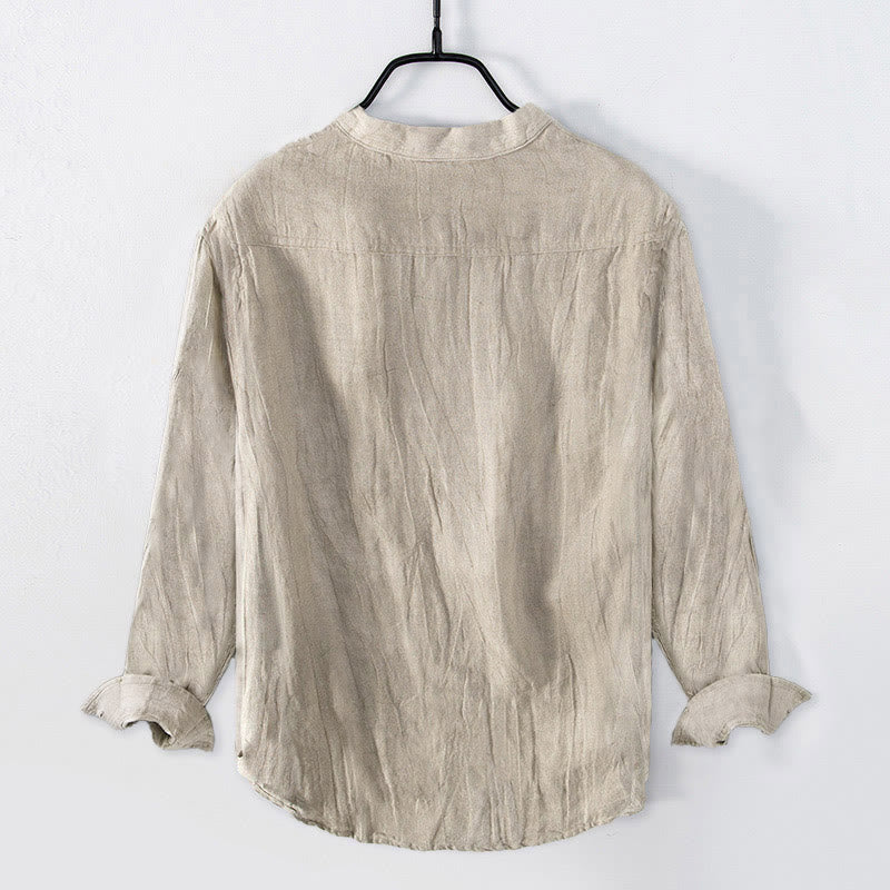 Camicia a maniche lunghe con bottoni a tinta unita in cotone e lino, abbigliamento da uomo Buddha Stones - image 17