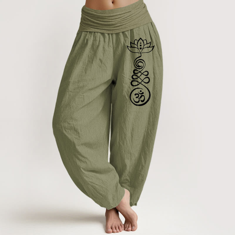 Pantaloni harem in cotone con elastico in vita e motivo Buddha Stones, motivo Lotus Om, da donna - Verde oliva - US22, UK/AU26, EU54 (6XL) - image 0