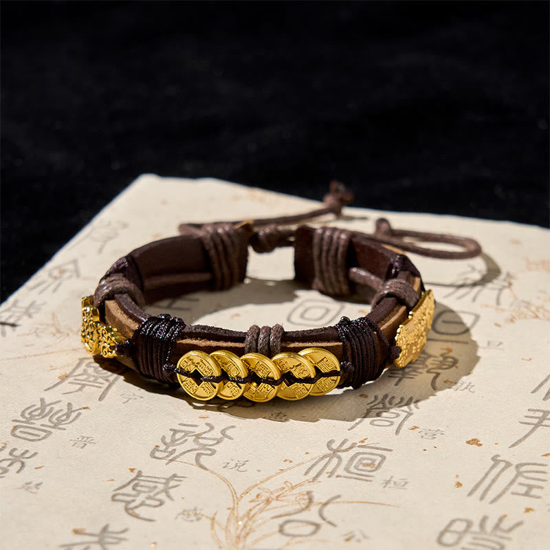 Braccialetto in corda di pelle con Buddha Stones e monete dei cinque imperatori Pi Xiu Wealth  - Monete dei Cinque Imperatori e PiXiu (circonferenza del polso: 15-19 cm) - image 0