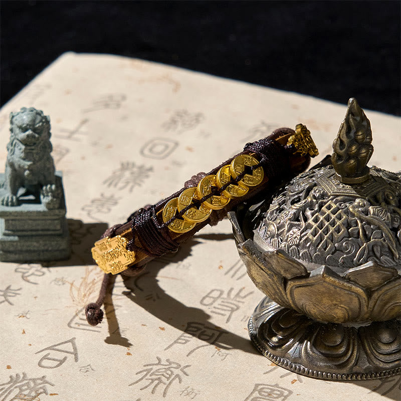 Braccialetto in corda di pelle con Buddha Stones e monete dei cinque imperatori Pi Xiu Wealth  - image 1