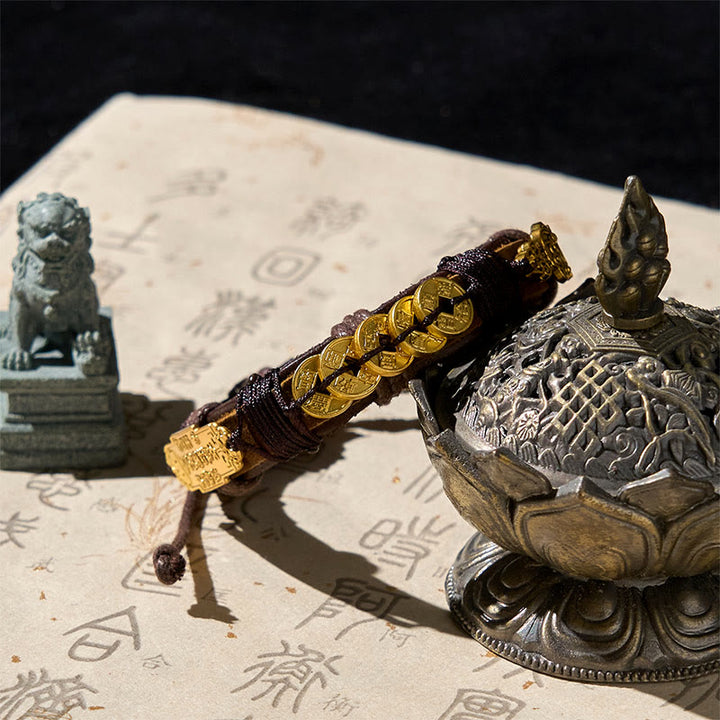 Braccialetto in corda di pelle con Buddha Stones e monete dei cinque imperatori Pi Xiu Wealth  - image 1