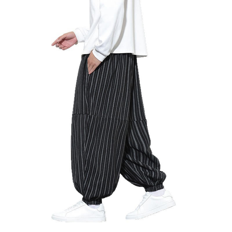 Pantaloni harem in velluto a coste con coulisse e tasche da uomo con motivo a righe autunnali Buddha Stones - image 16