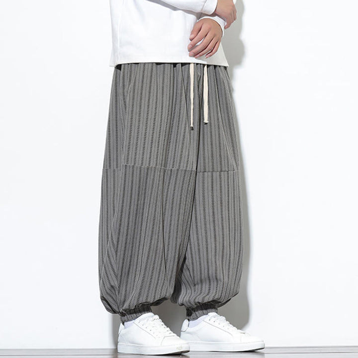 Pantaloni harem in velluto a coste con coulisse e tasche da uomo con motivo a righe autunnali Buddha Stones - image 39