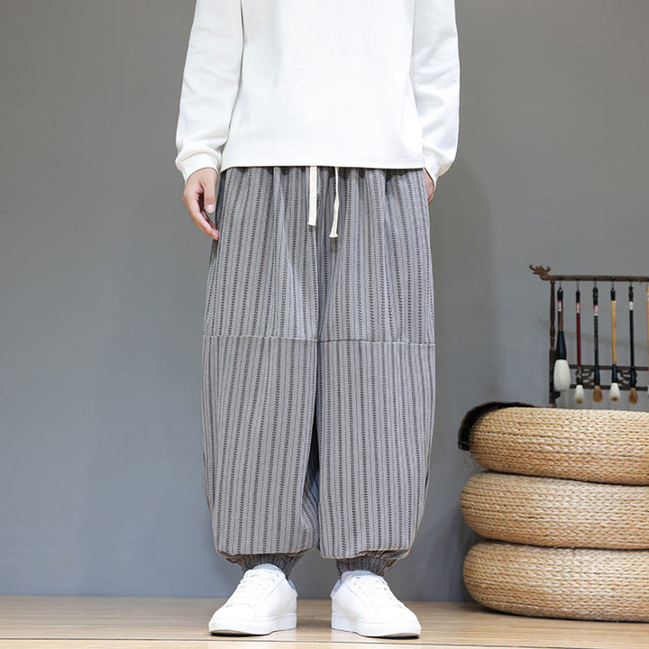 Pantaloni harem in velluto a coste con coulisse e tasche da uomo con motivo a righe autunnali Buddha Stones - image 42