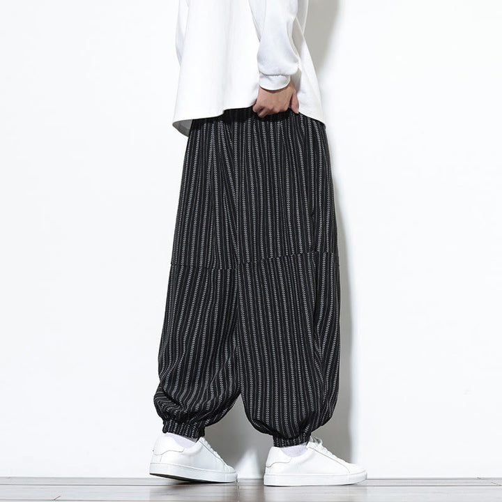 Pantaloni harem in velluto a coste con coulisse e tasche da uomo con motivo a righe autunnali Buddha Stones - image 13