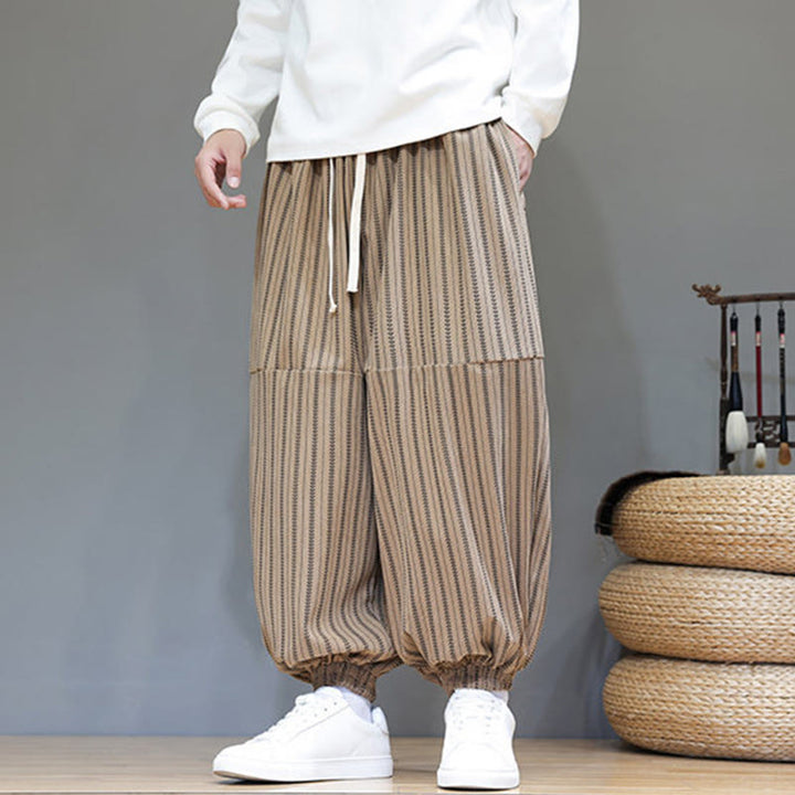 Pantaloni harem in velluto a coste con coulisse e tasche da uomo con motivo a righe autunnali Buddha Stones - image 66