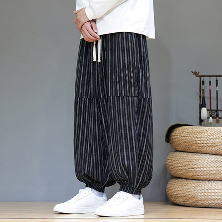 Pantaloni harem in velluto a coste con coulisse e tasche da uomo con motivo a righe autunnali Buddha Stones - image 3