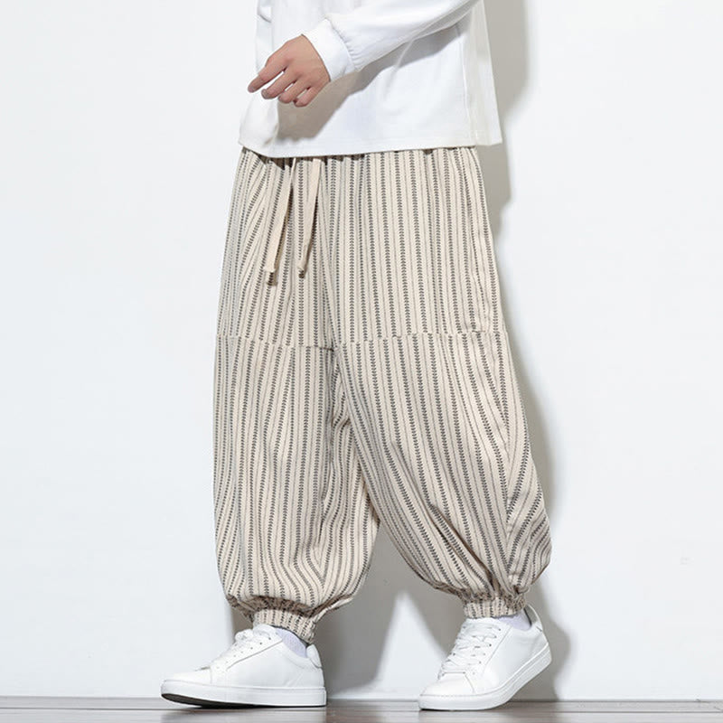 Pantaloni harem in velluto a coste con coulisse e tasche da uomo con motivo a righe autunnali Buddha Stones - image 18
