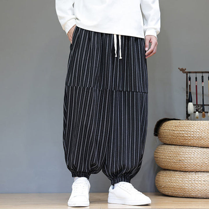 Pantaloni harem in velluto a coste con coulisse e tasche da uomo con motivo a righe autunnali Buddha Stones - image 7