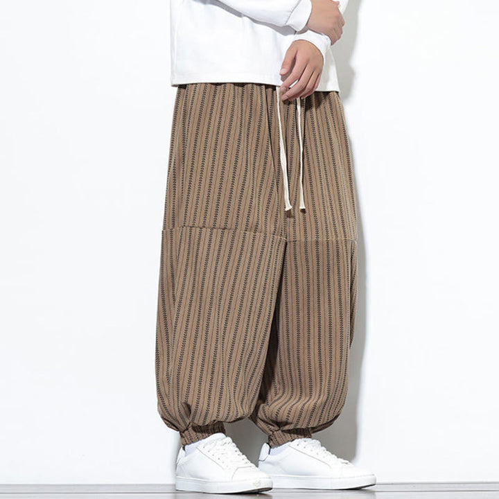 Pantaloni harem in velluto a coste con coulisse e tasche da uomo con motivo a righe autunnali Buddha Stones - image 59