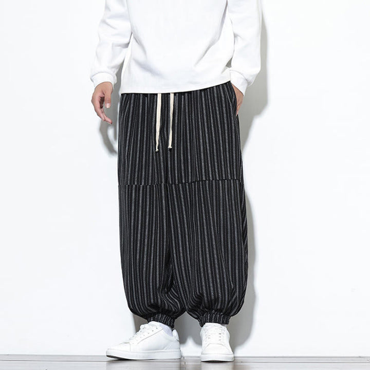 Pantaloni harem in velluto a coste con coulisse e tasche da uomo con motivo a righe autunnali Buddha Stones - image 11