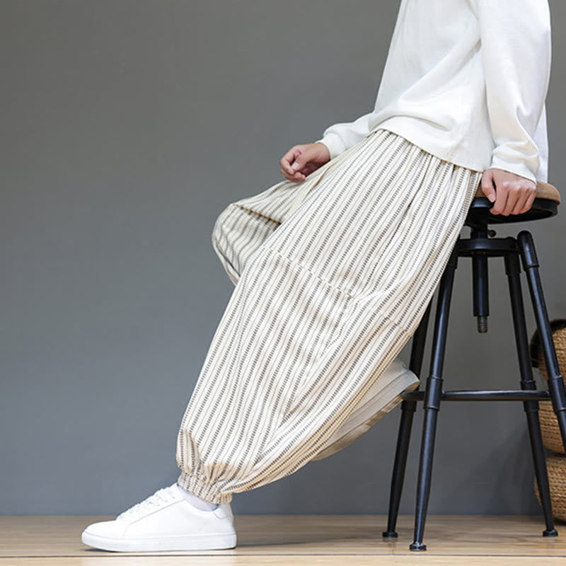 Pantaloni harem in velluto a coste con coulisse e tasche da uomo con motivo a righe autunnali Buddha Stones - image 32