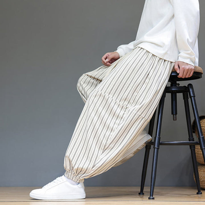 Pantaloni harem in velluto a coste con coulisse e tasche da uomo con motivo a righe autunnali Buddha Stones - image 32