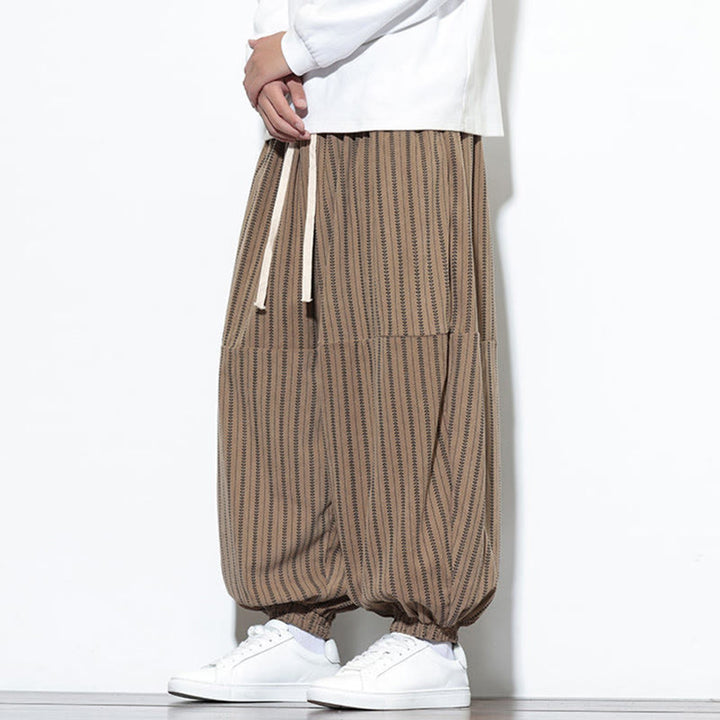 Pantaloni harem in velluto a coste con coulisse e tasche da uomo con motivo a righe autunnali Buddha Stones - image 58