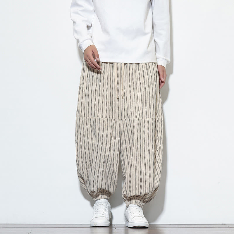 Pantaloni harem in velluto a coste con coulisse e tasche da uomo con motivo a righe autunnali Buddha Stones - FlorealeBianco - US/UK/AU46, EU56 (5XL) - image 17