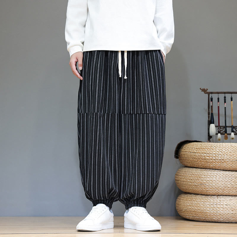 Pantaloni harem in velluto a coste con coulisse e tasche da uomo con motivo a righe autunnali Buddha Stones - image 1