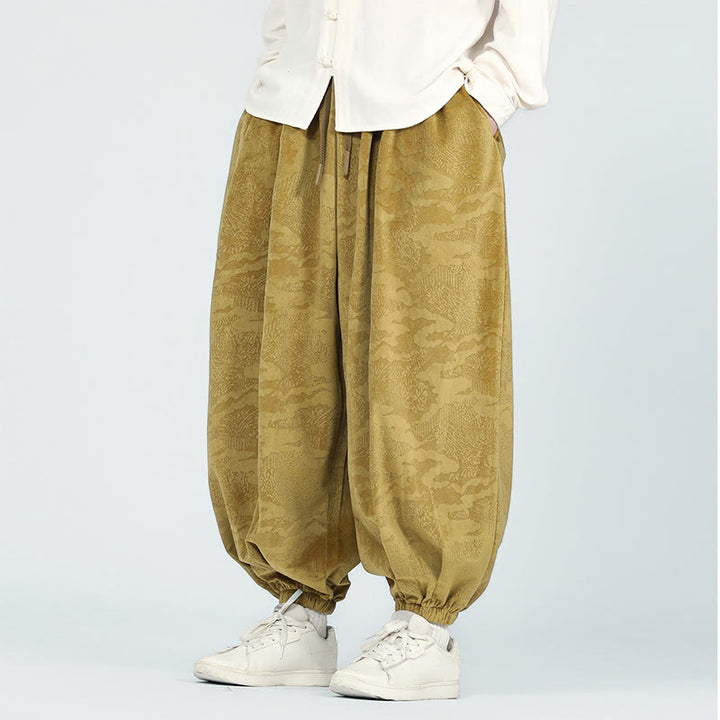 Pantaloni harem da uomo con coulisse e tasche, motivo jacquard tinta unita, motivo Buddha Stones Fall - Verga d'oro - US/UK/AU46, EU56 (5XL) - image 0