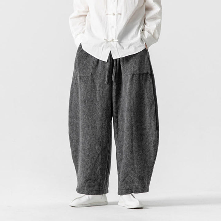 Pantaloni da uomo in cotone a gamba larga con tasche e coulisse, tinta unita, modello Buddha Stones Daily - image 2