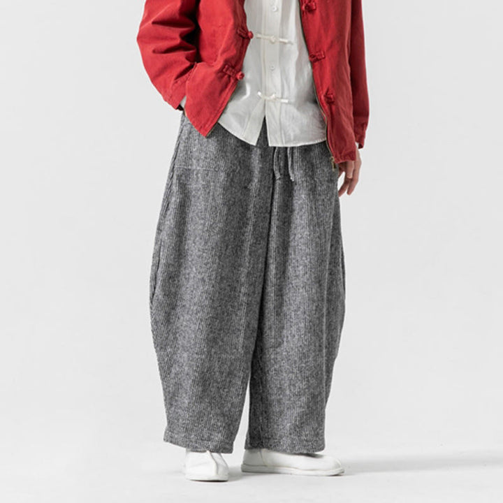 Pantaloni da uomo in cotone a gamba larga con tasche e coulisse, tinta unita, modello Buddha Stones Daily - image 33