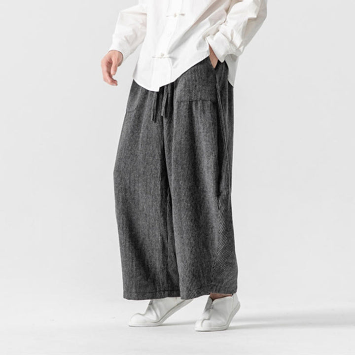 Pantaloni da uomo in cotone a gamba larga con tasche e coulisse, tinta unita, modello Buddha Stones Daily - image 5