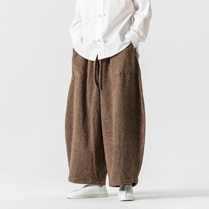 Pantaloni da uomo in cotone a gamba larga con tasche e coulisse, tinta unita, modello Buddha Stones Daily - image 13