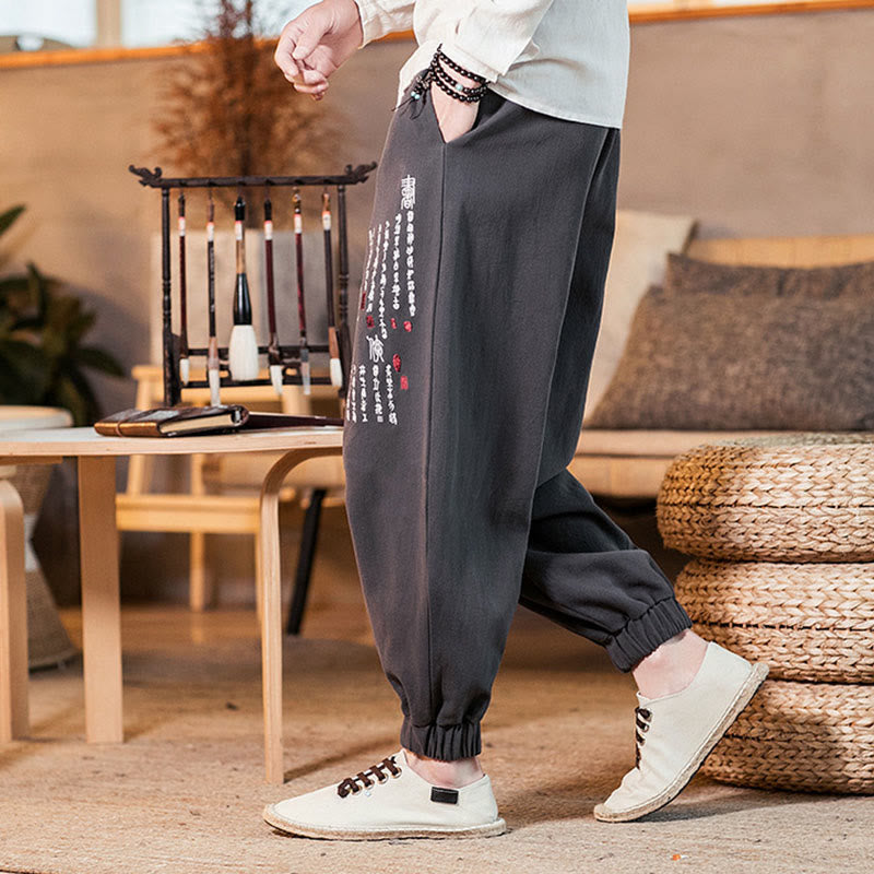 Pantaloni da uomo in cotone con tasche e motivo a caratteri cinesi ricamati con Buddha Stones - image 5