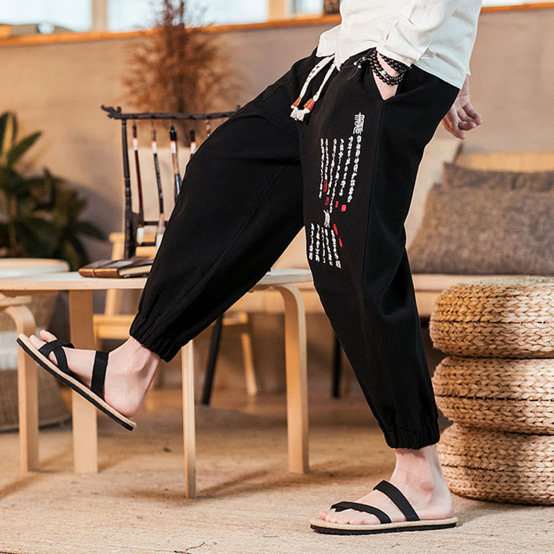 Pantaloni da uomo in cotone con tasche e motivo a caratteri cinesi ricamati con Buddha Stones - image 16